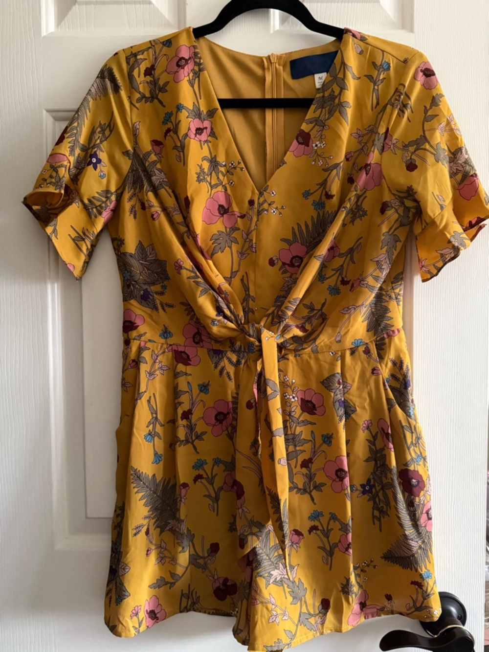 Francesca's Mustard Yellow Floral V-Neck Dress